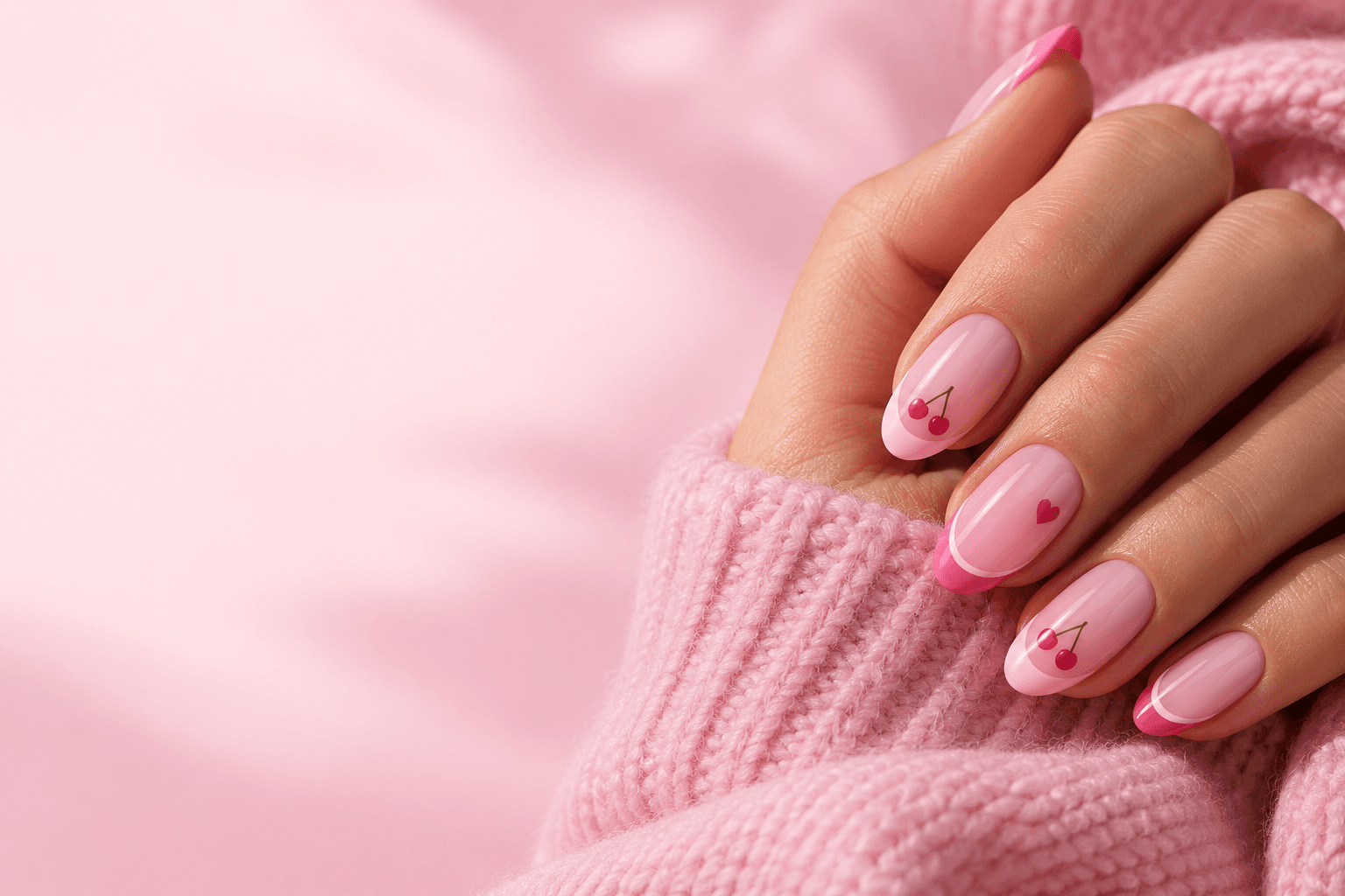 Mano con uñas rosadas sobre una textura tejida: imagen editorial conceptual de Pressita