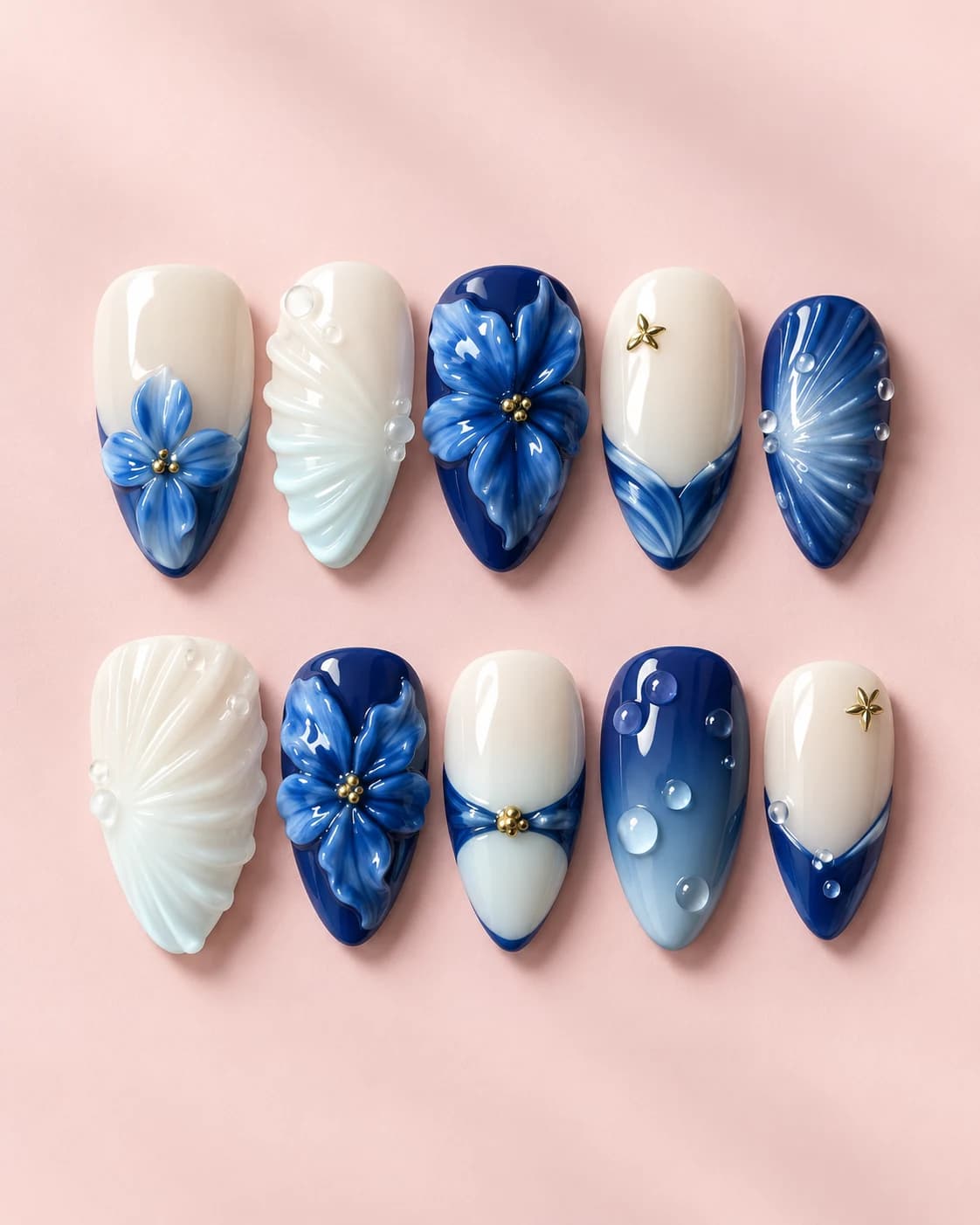 Blue Tide: muestra de diez uñas sobre fondo rosa