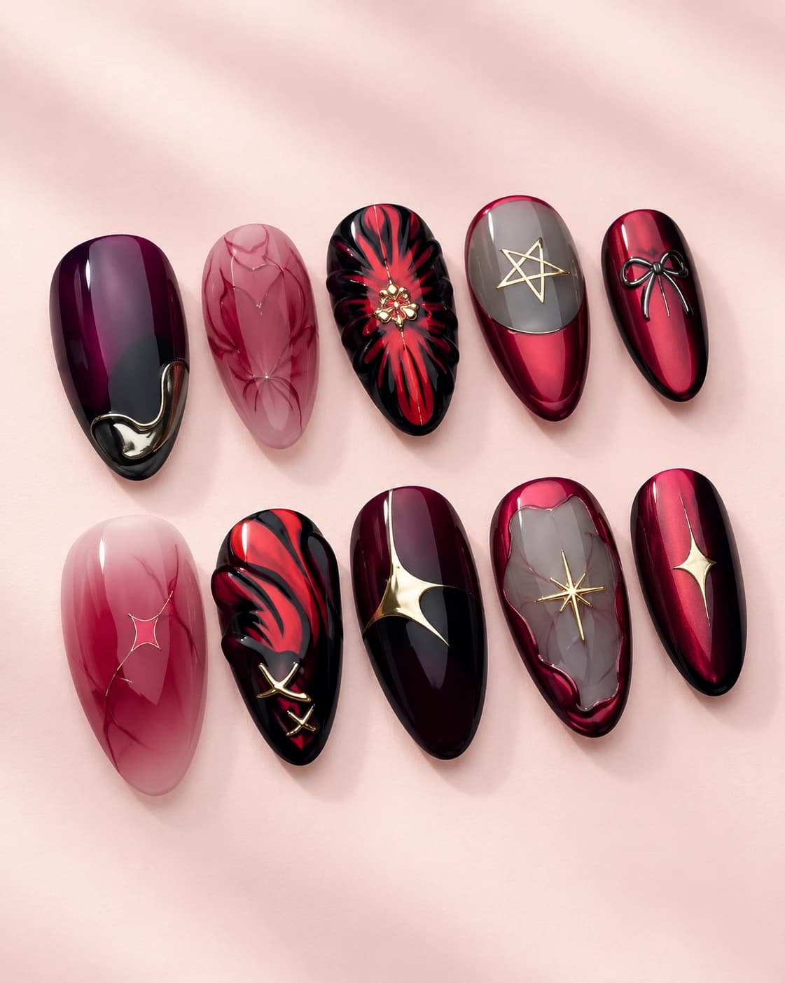 Cherry Eclipse: muestra de diez uñas sobre fondo rosa