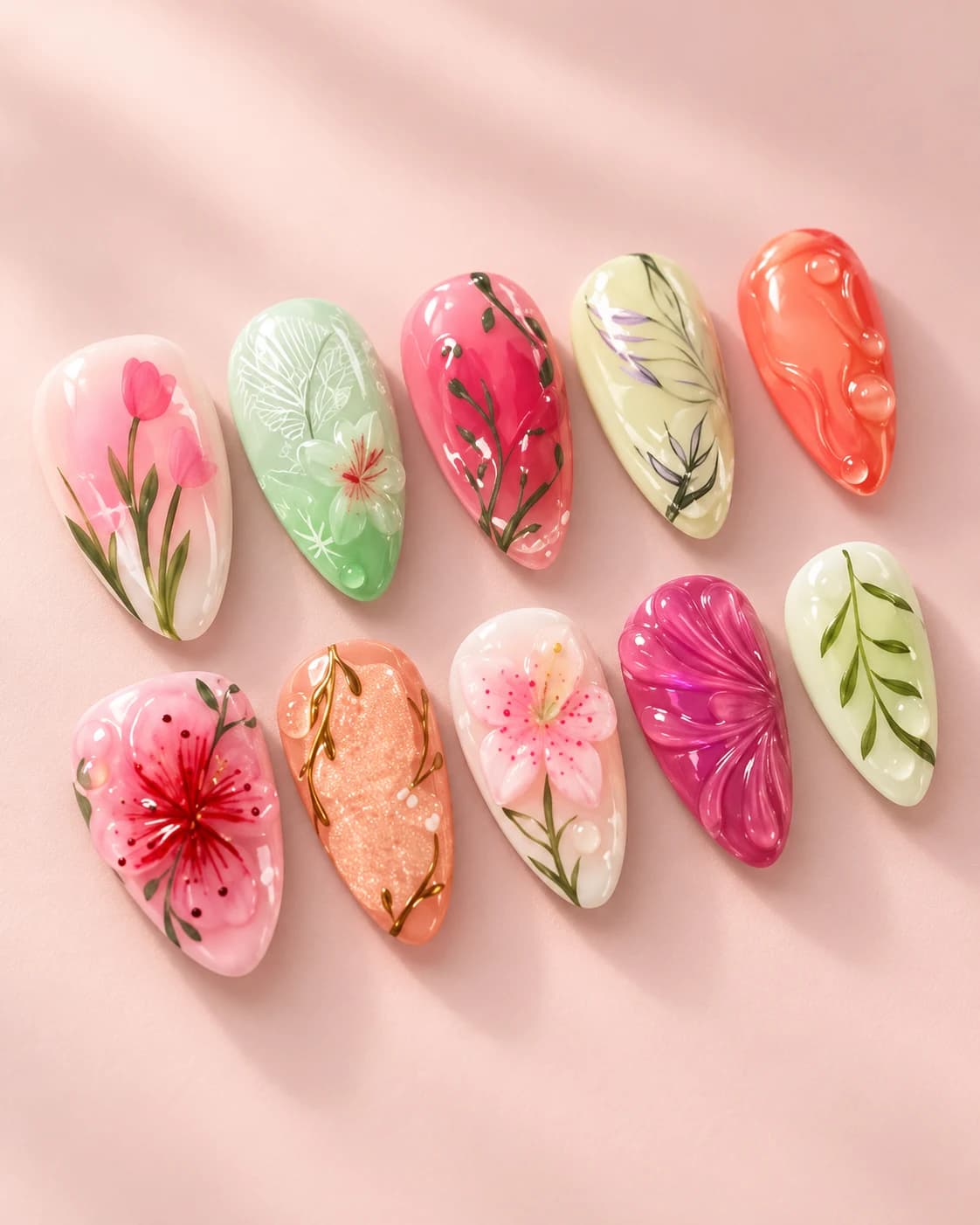 Flor de Verano: muestra de diez uñas sobre fondo rosa