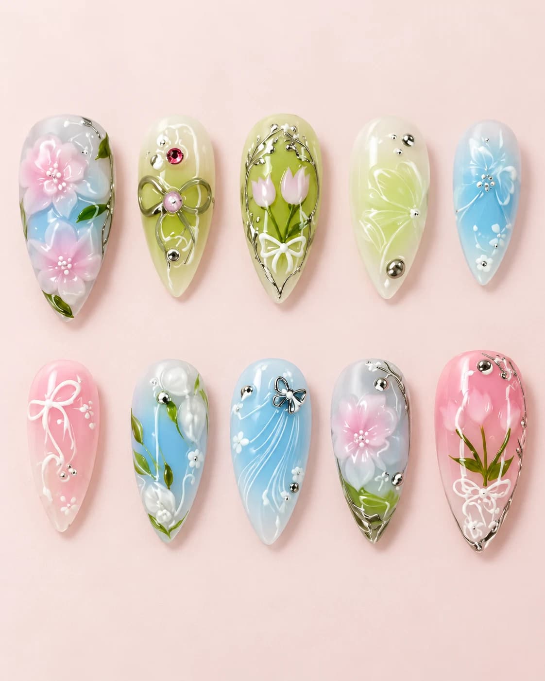 Pastel Garden: muestra de diez uñas sobre fondo rosa