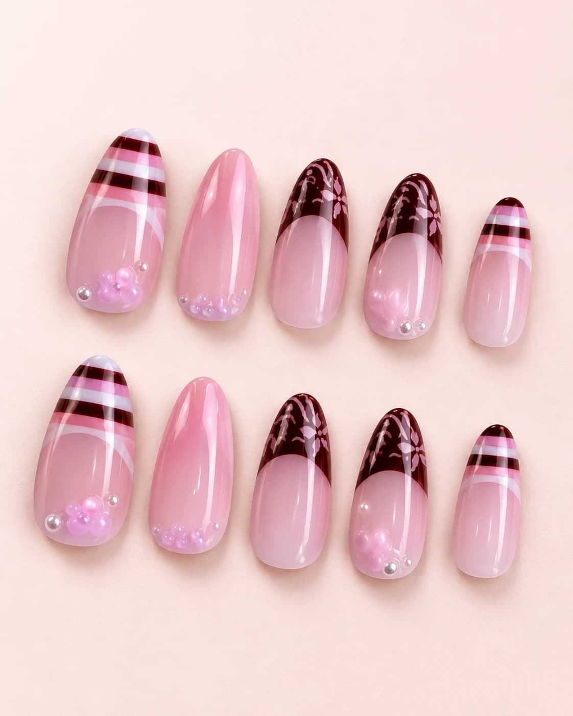 Pink Tartan: muestra de diez uñas sobre fondo rosa