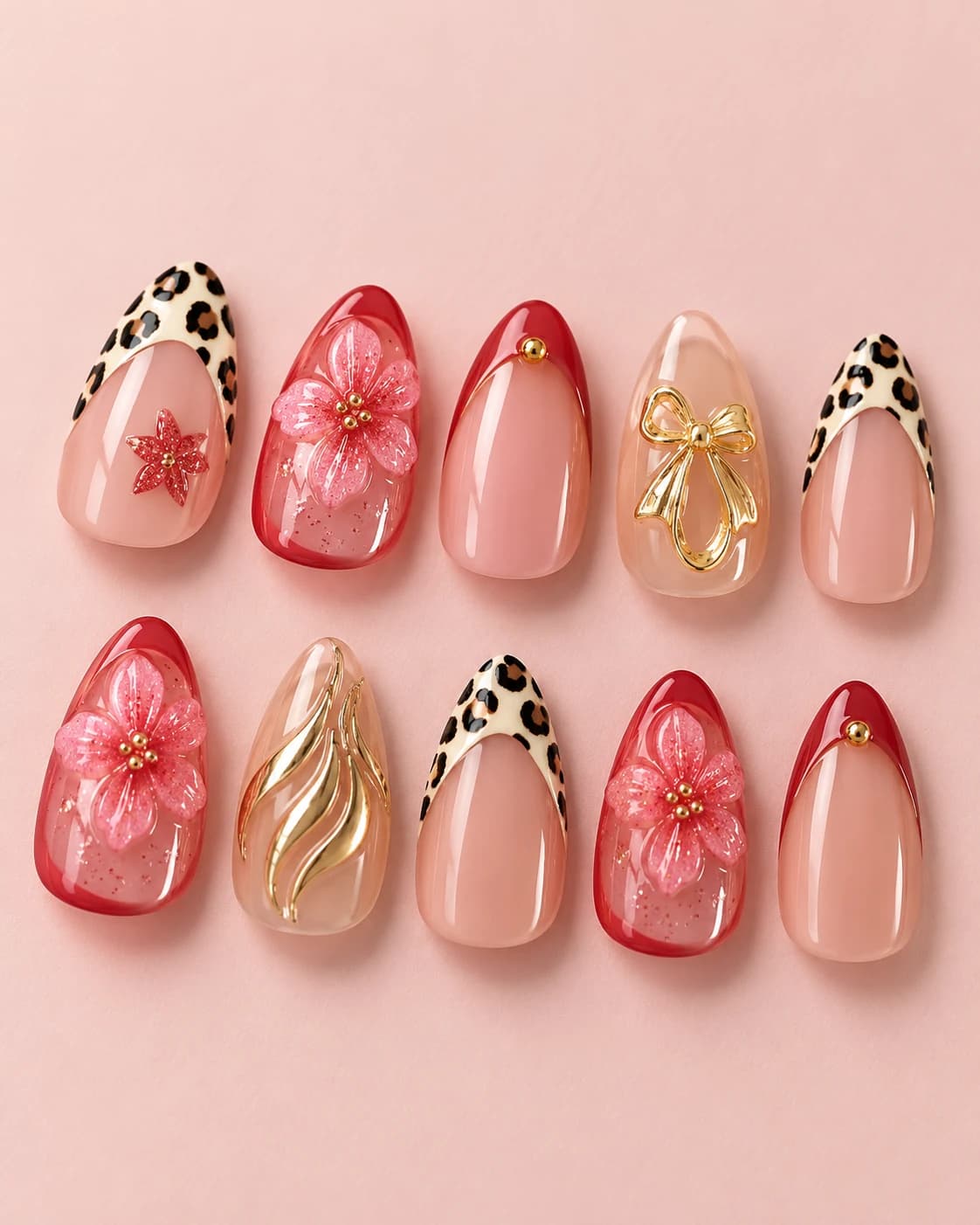Safari Bloom: muestra de diez uñas sobre fondo rosa