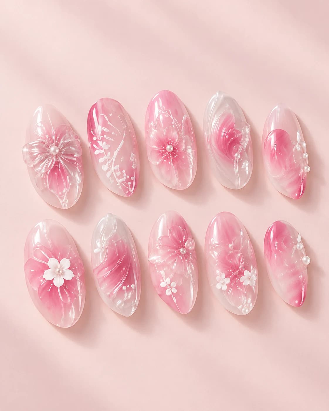 Sakura Glass: muestra de diez uñas sobre fondo rosa