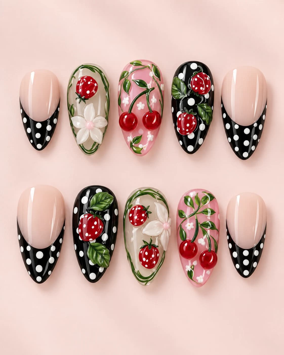Strawberry Noir: muestra de diez uñas sobre fondo rosa